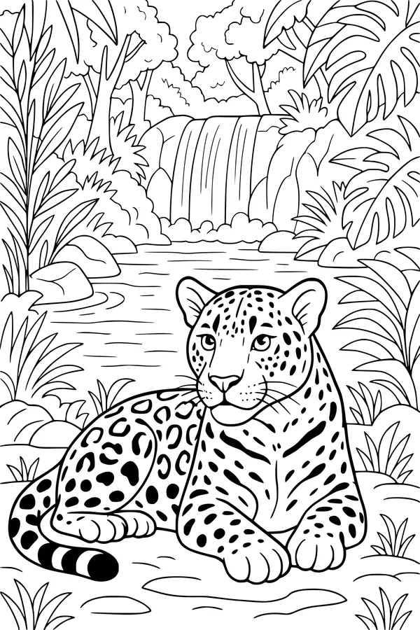Free Jaguar Coloring Page - Resting By Jungle Waterfall (Printable PDF)