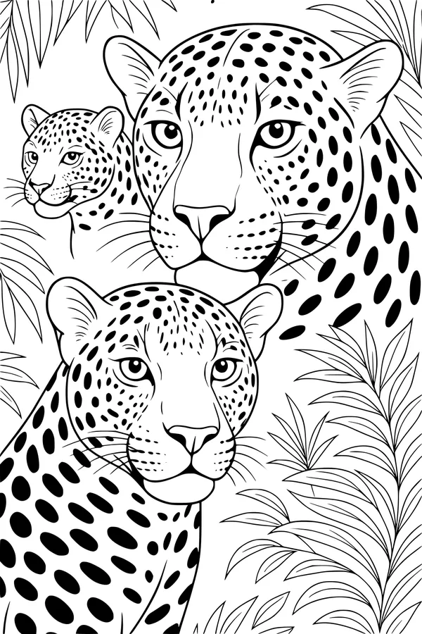 Free Jaguar Coloring Page - Three Jaguars in Jungle Leaves (Printable PDF)
