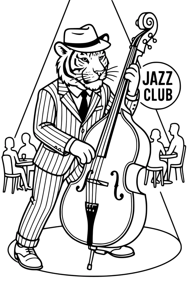 Free Tiger Coloring Page - Jazz Club Bass Player in Suit (Printable PDF)