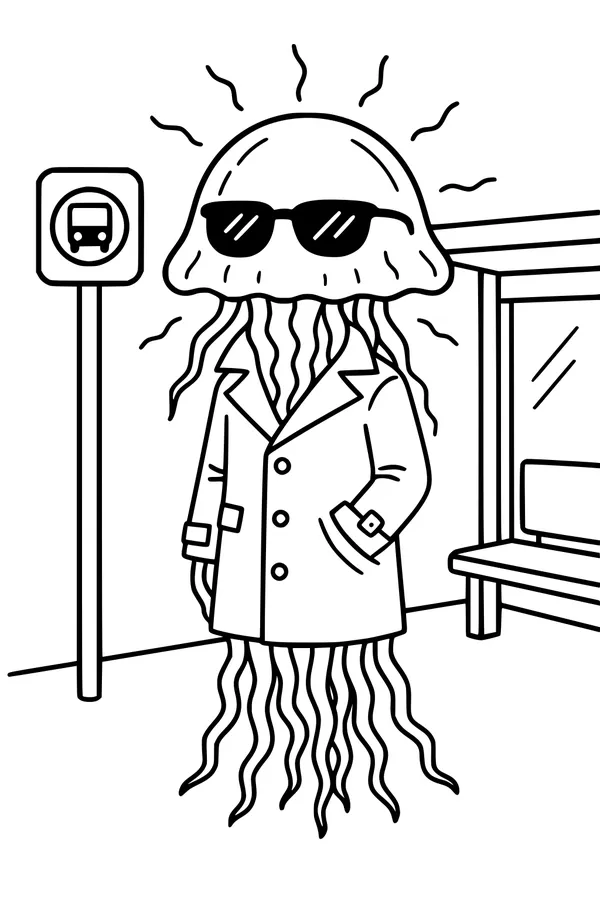 Free Jellyfish Alien Coloring Page - Cool Commuter at the Bus Stop (Printable PDF)