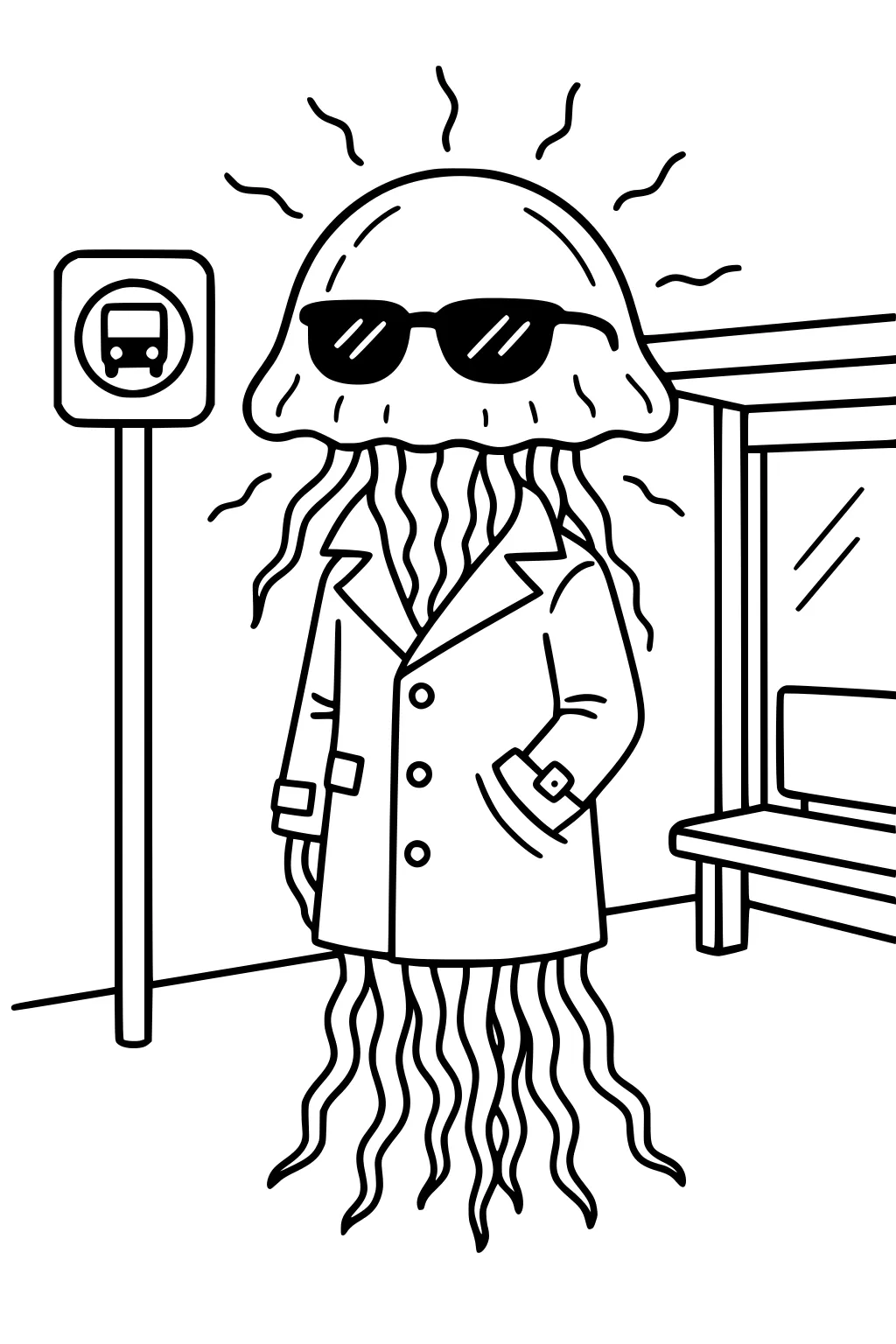 Jellyfish-like alien in sunglasses and trench coat waiting at a bus stop beside a shelter bench and bus sign.