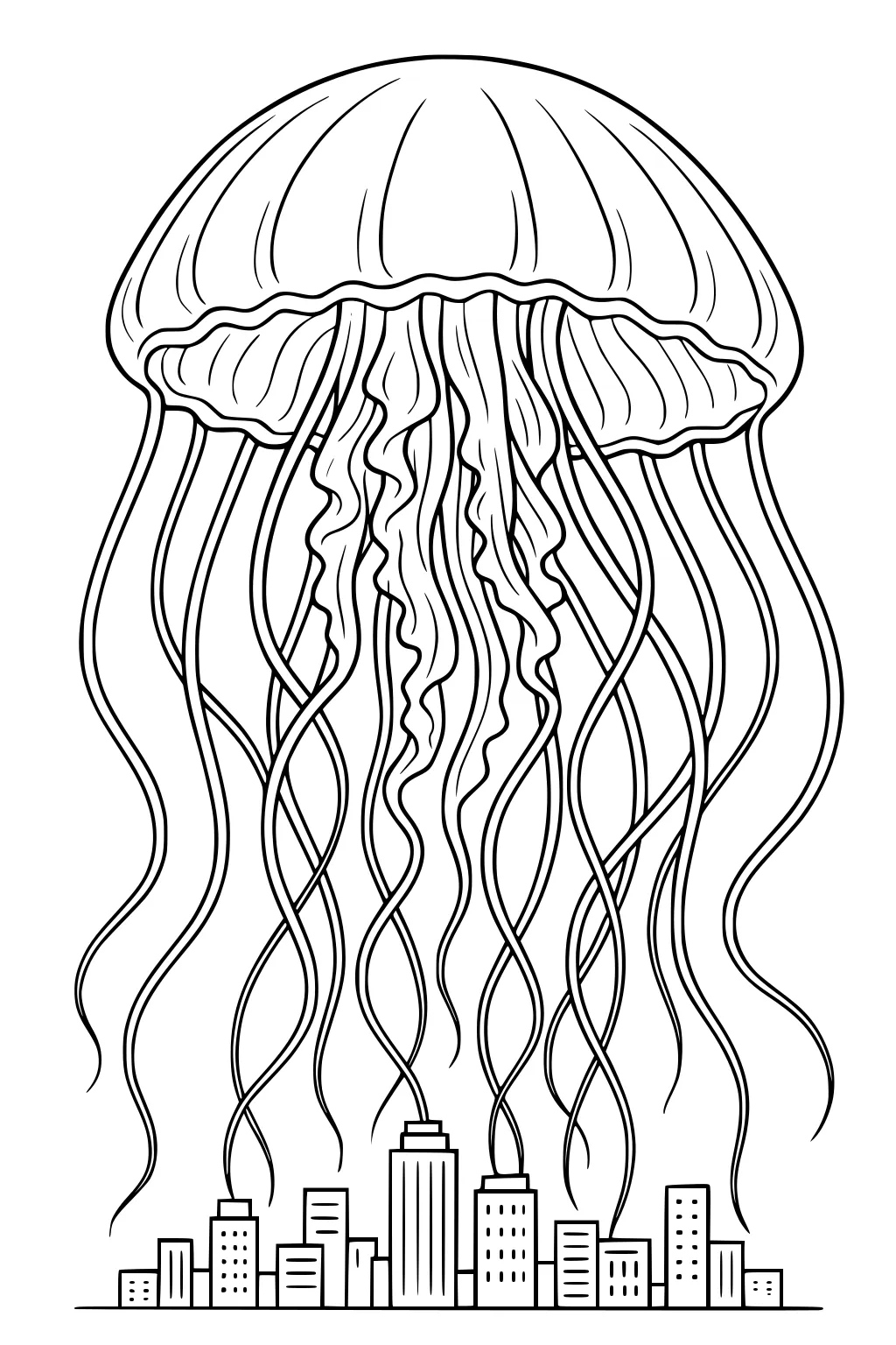 Giant jellyfish kraken with long tentacles drifting above a small city skyline of skyscrapers, black-and-white line art.