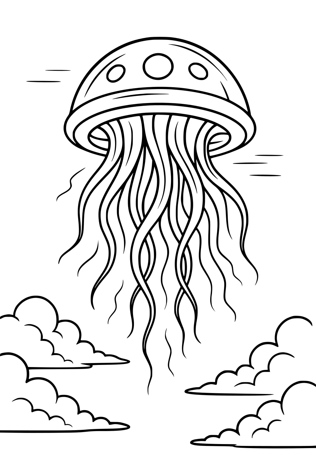 Cartoon UFO with dome and round windows, long wavy tentacle beams, floating above puffy clouds with motion lines.