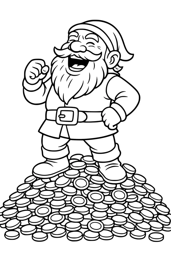 Free Dwarf Coloring Page - Jolly Gnome With Treasure Hoard (Printable PDF)