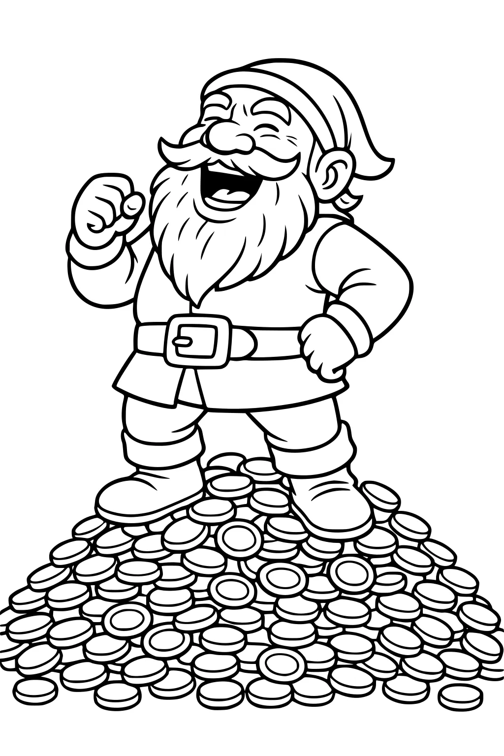 Laughing bearded dwarf stands on coin pile, holding a coin, wearing cap, wide belt, and boots in bold cartoon line art.