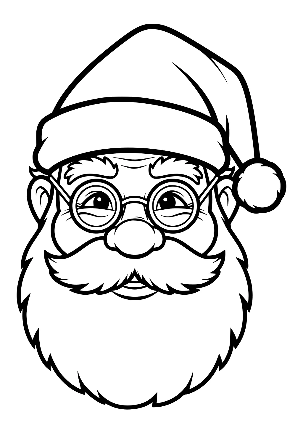 Close-up Santa face with round glasses, fluffy hat with pom-pom, big mustache and full beard, friendly smile, black-and-white outline.