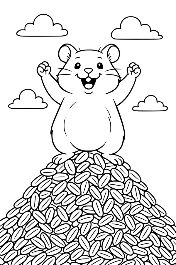 Free Hamster Coloring Page - Happy Hamster on Seed Mountain (Printable PDF)
