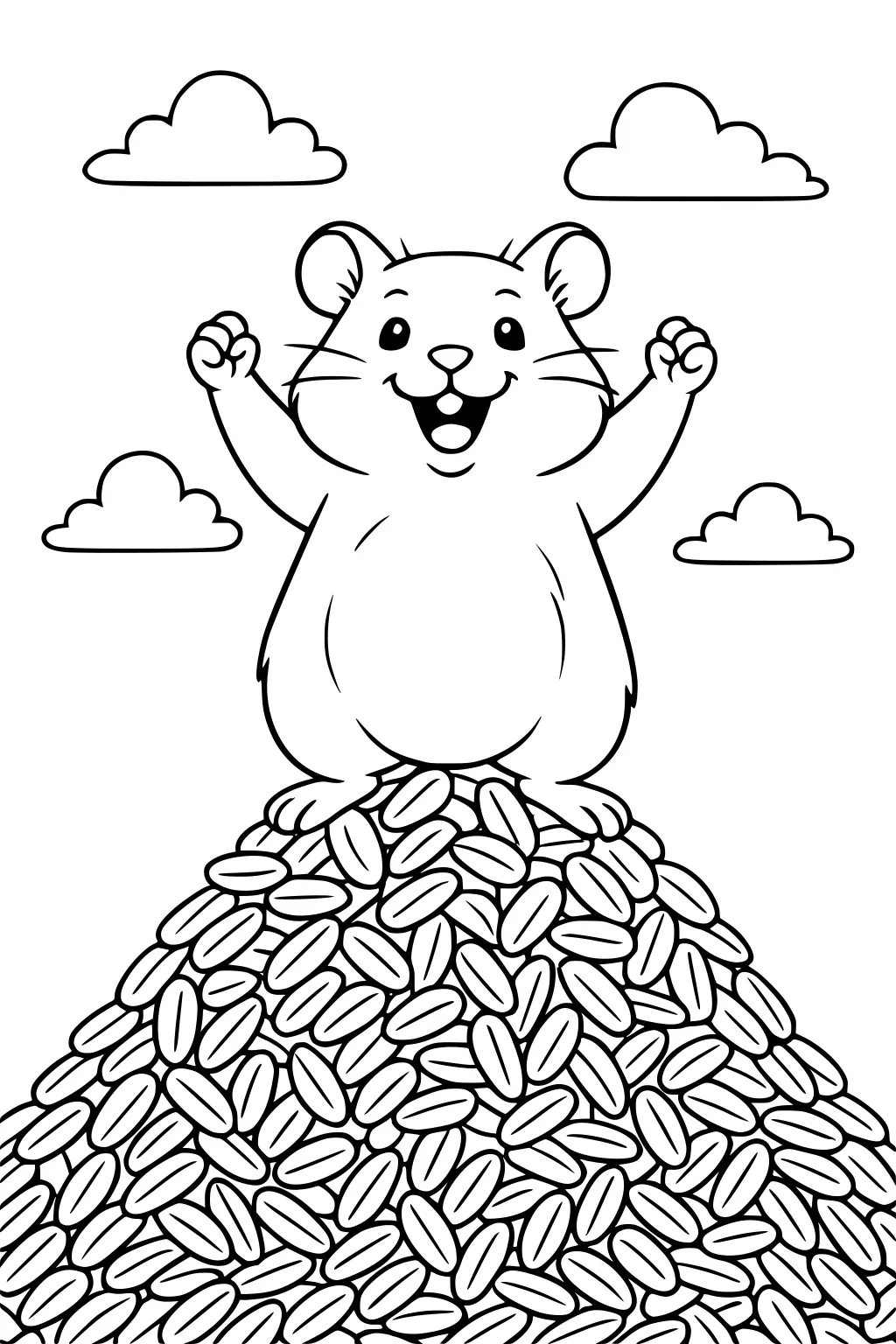 Hamster with arms up standing on a large mound of seeds. Four cartoon clouds in the sky.