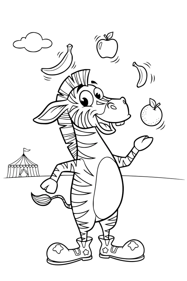 Free Zebra Coloring Page - Circus Juggling Fun (Printable PDF)