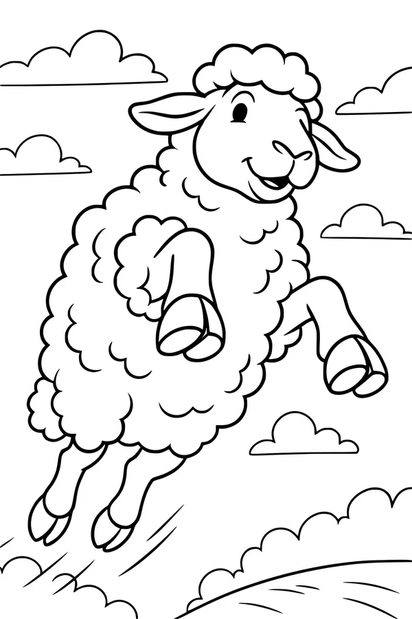 Free Sheep Coloring Page - Smiling Lamb Leaping Over a Hill (Printable PDF)