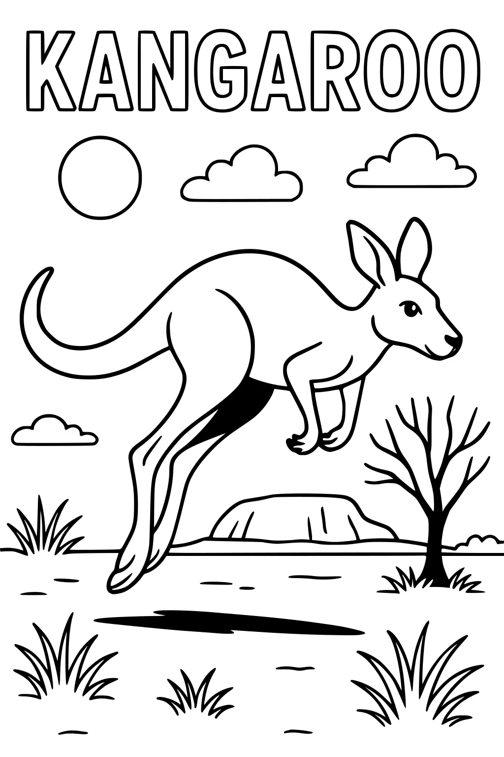 Kangaroo jumping outdoors with sun, clouds, tufts of grass, a bare tree, and a rocky hill in the background.