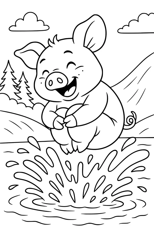 Free Piglet Coloring Page - Jumping in a Forest Puddle (Printable PDF)
