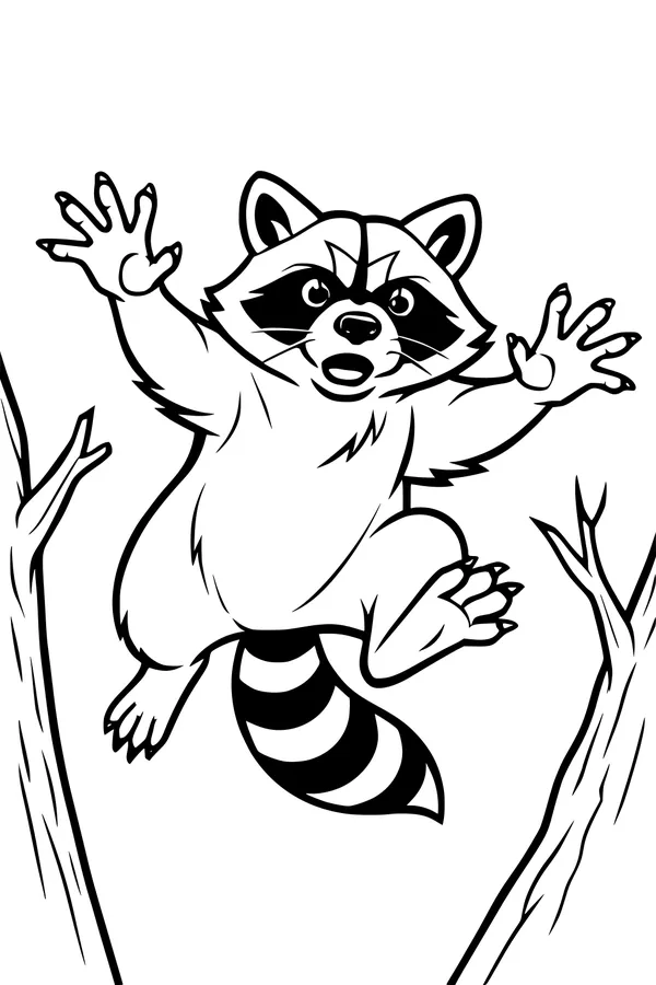 Free Raccoon Coloring Page - Rascal Leaping Between Tree Branches (Printable PDF)