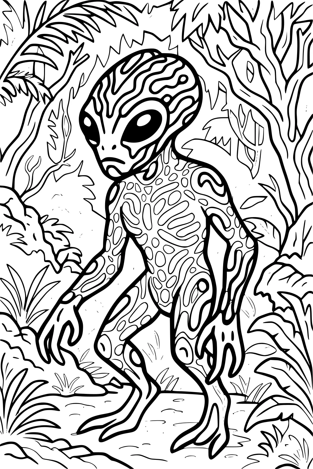 Patterned alien with large oval eyes walks on a jungle path, long fingers, leafy trees, ferns, rocks, and a small puddle.