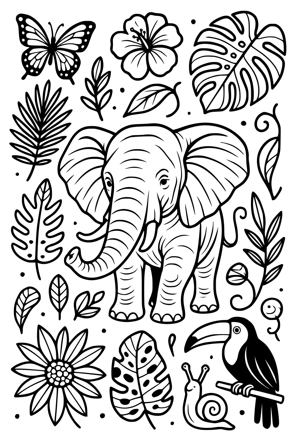 Elephant in center surrounded by jungle leaves, flowers, a butterfly, a toucan on a branch, and a snail.