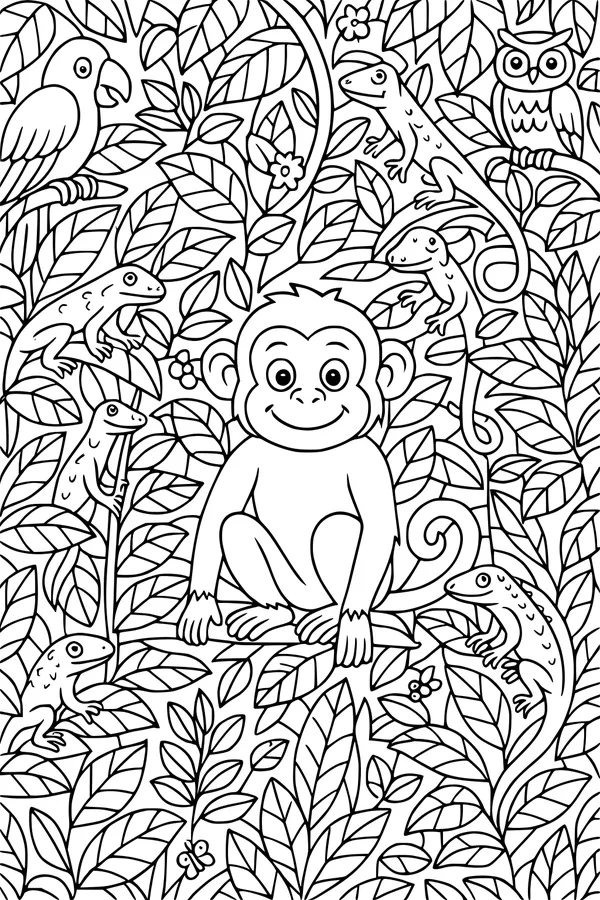 Free Monkey Coloring Page - Smiling Jungle Friend in Rainforest (Printable PDF)