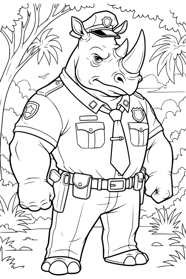 Free Rhinoceros Coloring Page - Jungle Police Officer Rhino (Printable PDF)