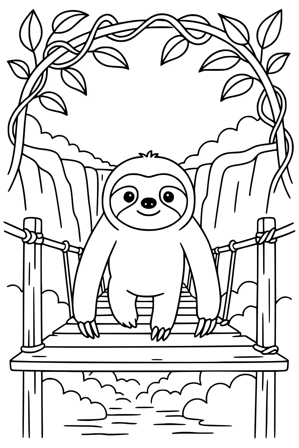 A sloth stands on a rope bridge framed by leaves and vines, with cliffs and waterfalls in the background.