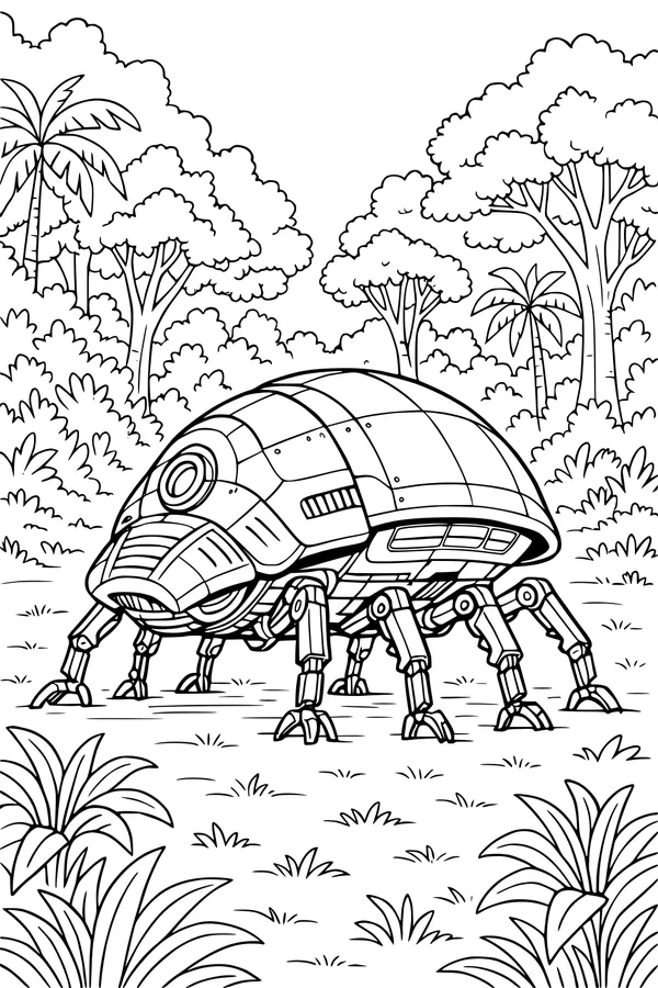 Free Alien UFO Robot Walker Coloring Page - Six-Legged Jungle Explorer (Printable PDF)