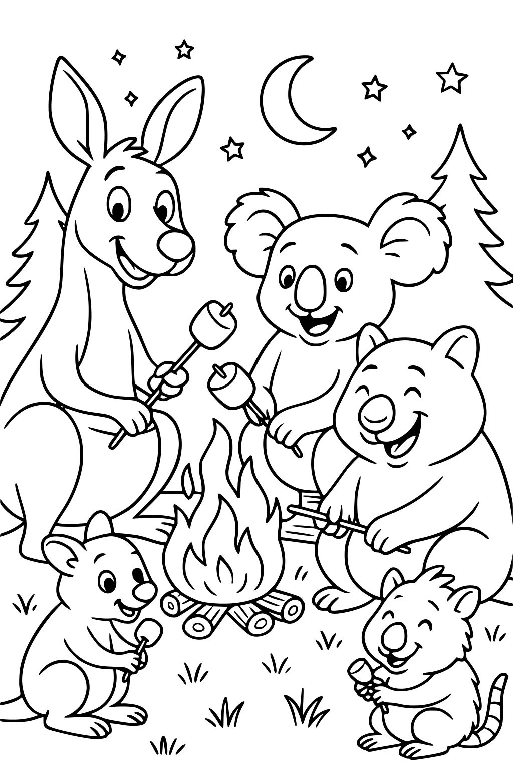 Kangaroo, koala, two wombats, and a possum roast marshmallows at a campfire under stars, moon, and trees.