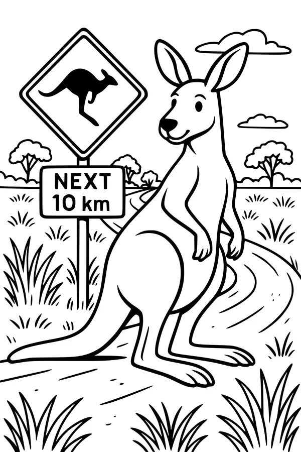 Free Kangaroo Coloring Page - Happy Kangaroo by Road Sign (Printable PDF)
