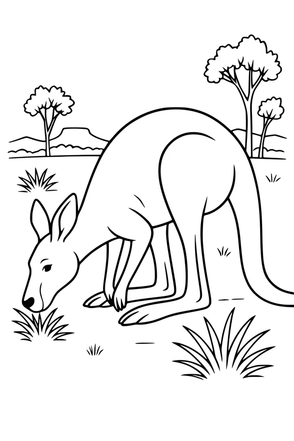 Free Kangaroo Coloring Page - Eating Grass in the Outback Field (Printable PDF)