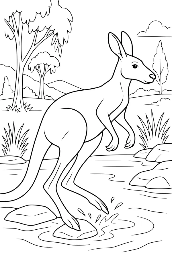 Free Kangaroo Coloring Page - Leaping Across a Forest Creek (Printable PDF)