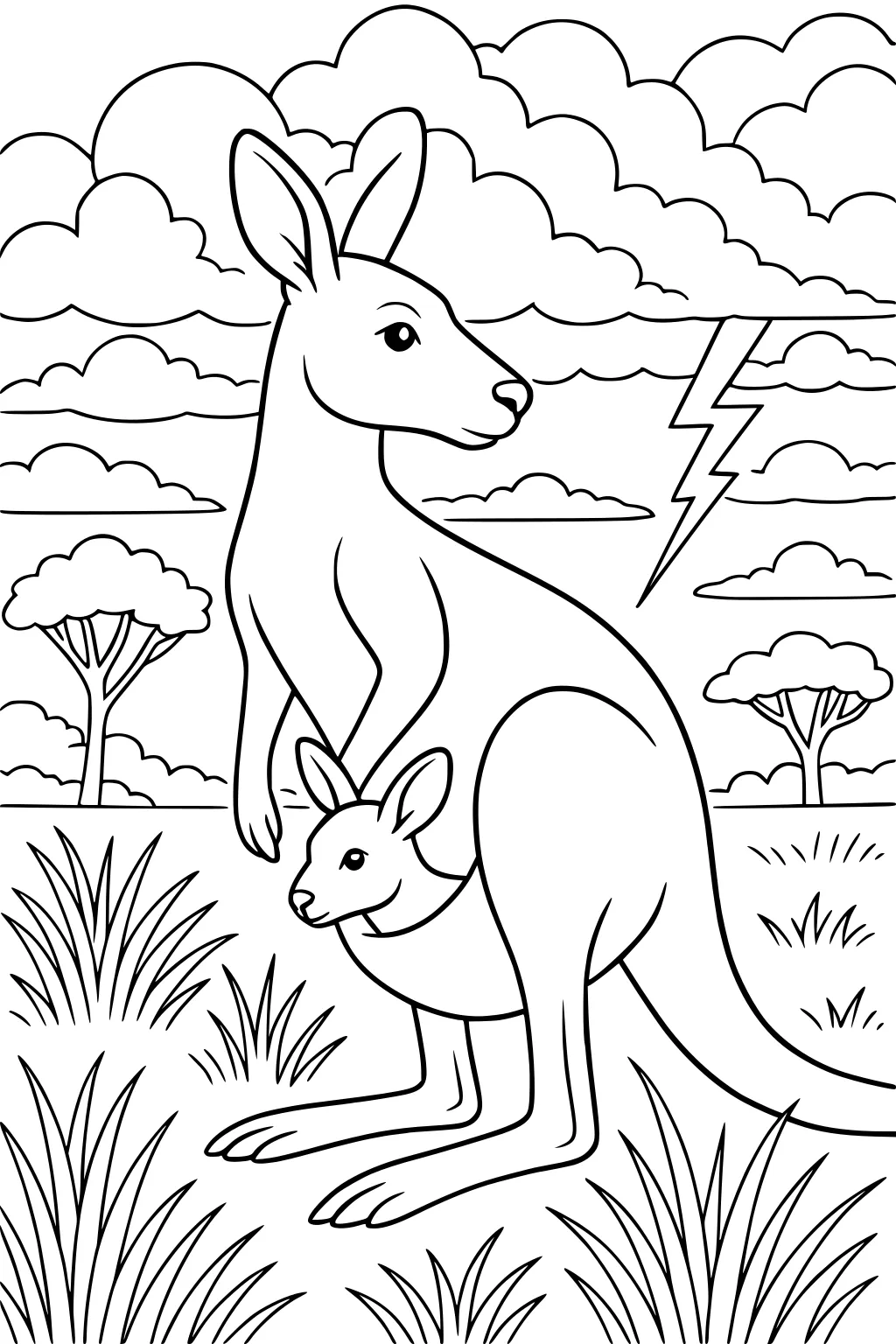 Mother kangaroo with a joey in her pouch, surrounded by tall grass, clouds, lightning, and trees.
