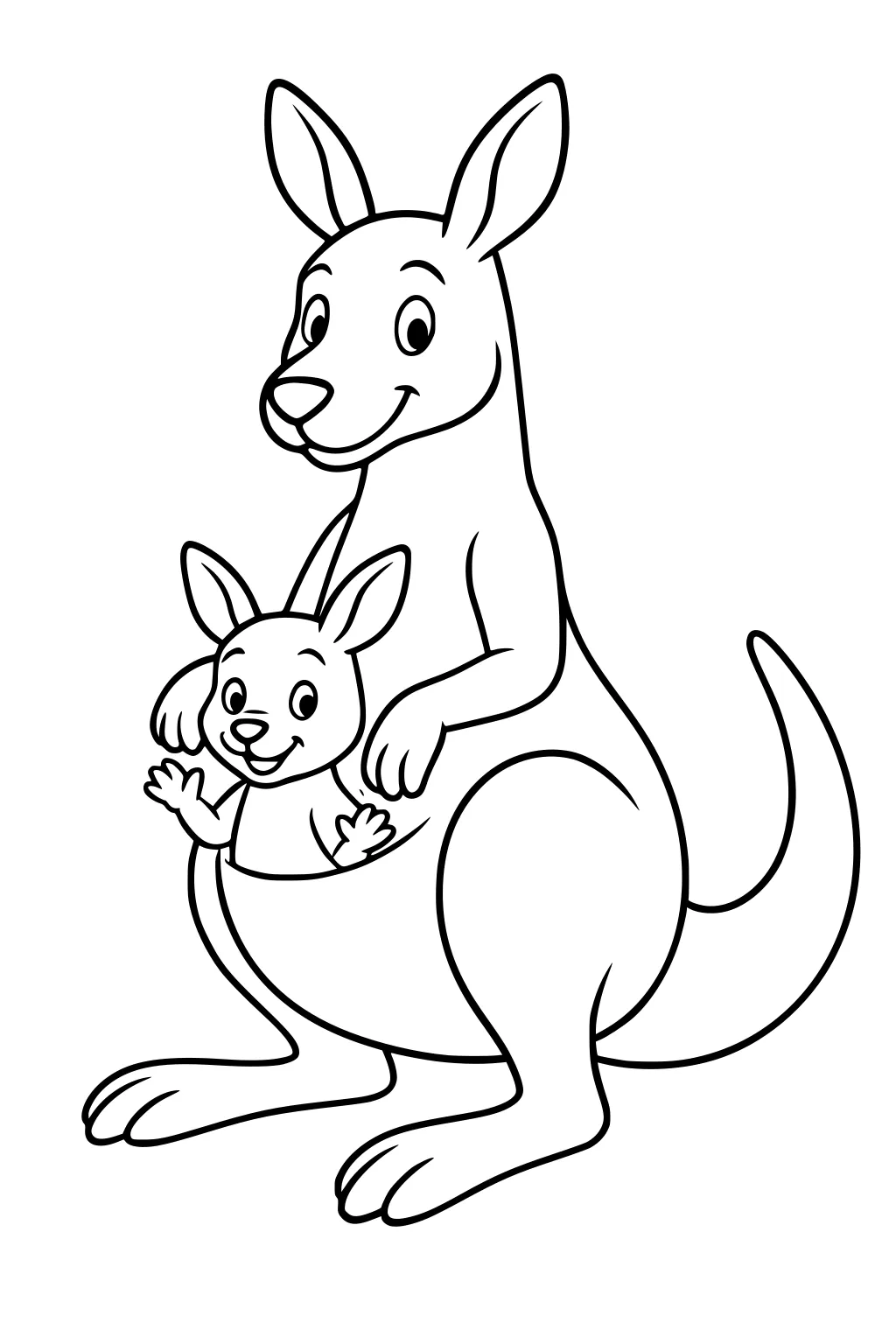 Mother kangaroo standing, smiling, with a baby kangaroo waving from her pouch. Both wear big smiles and have upright ears.