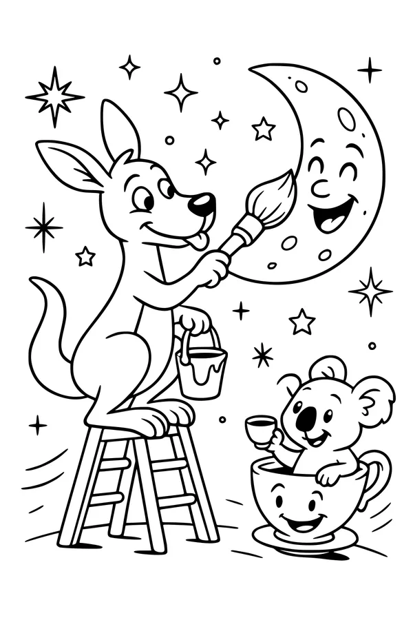Free Kangaroo Coloring Page - Painting the Smiling Moon with Koala (Printable PDF)