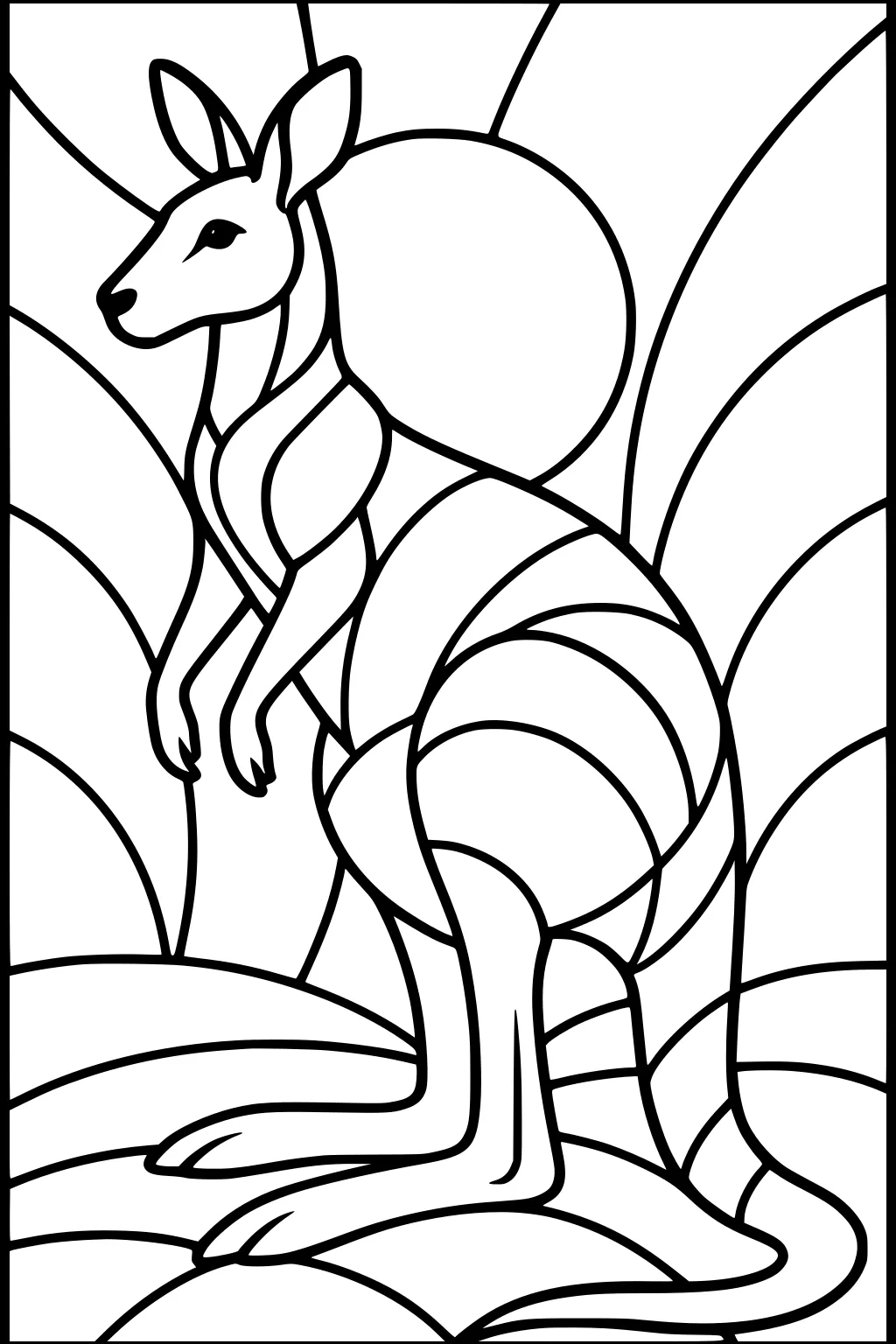 Stylized kangaroo with large ears and long tail, standing upright among curved hills and a sun, with bold outlines.