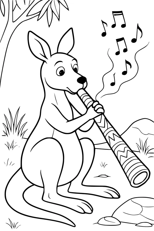 Free Kangaroo Coloring Page - Joey Playing a Didgeridoo Outdoors (Printable PDF)