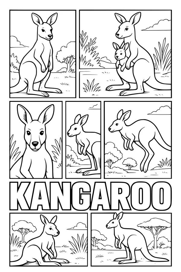Free Kangaroo Coloring Page - Hopping Family in the Sunny Outback (Printable PDF)