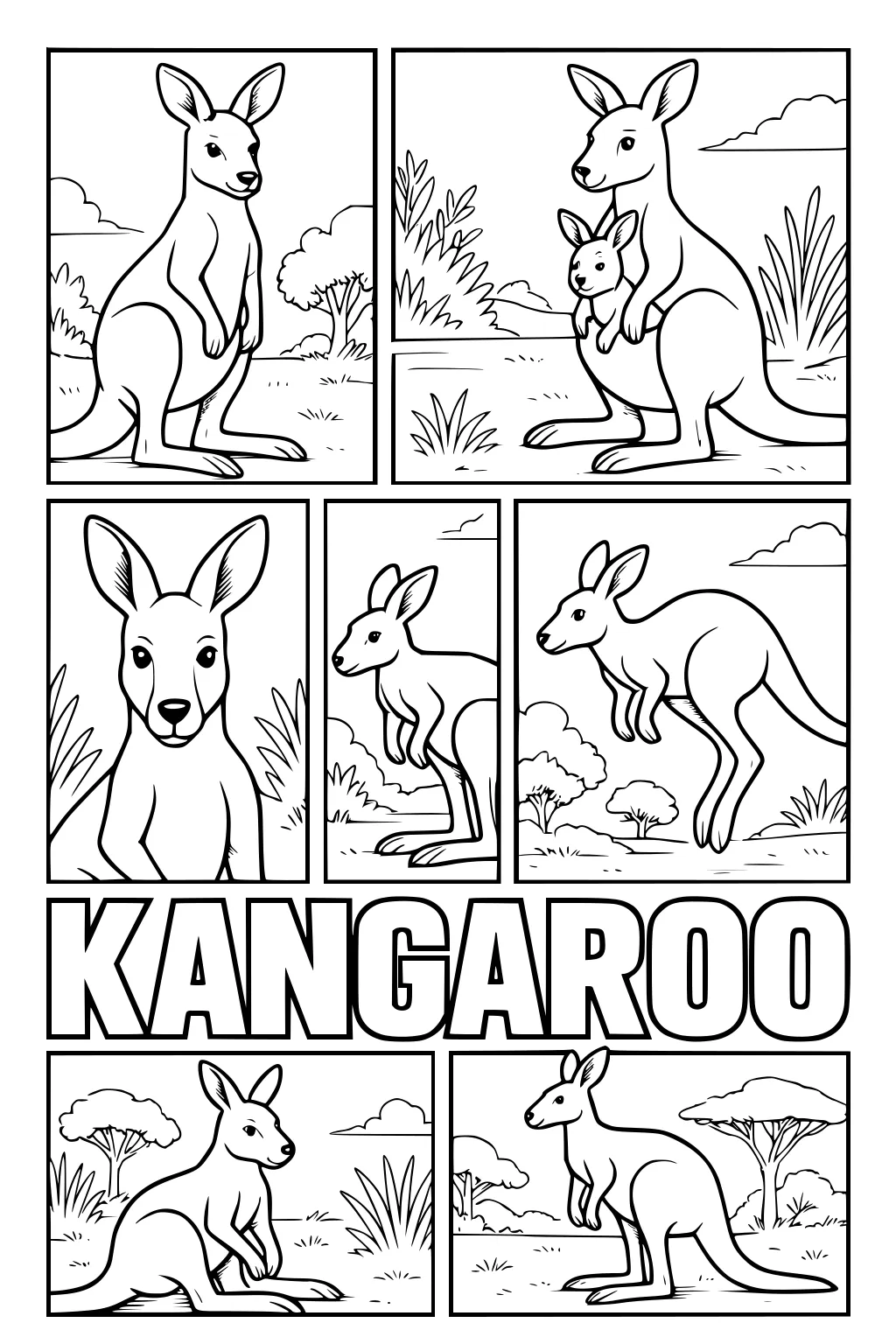 Multiple kangaroos in various poses, with one joey in a pouch, all set in grassy outback scenes and big bold KANGAROO letters.