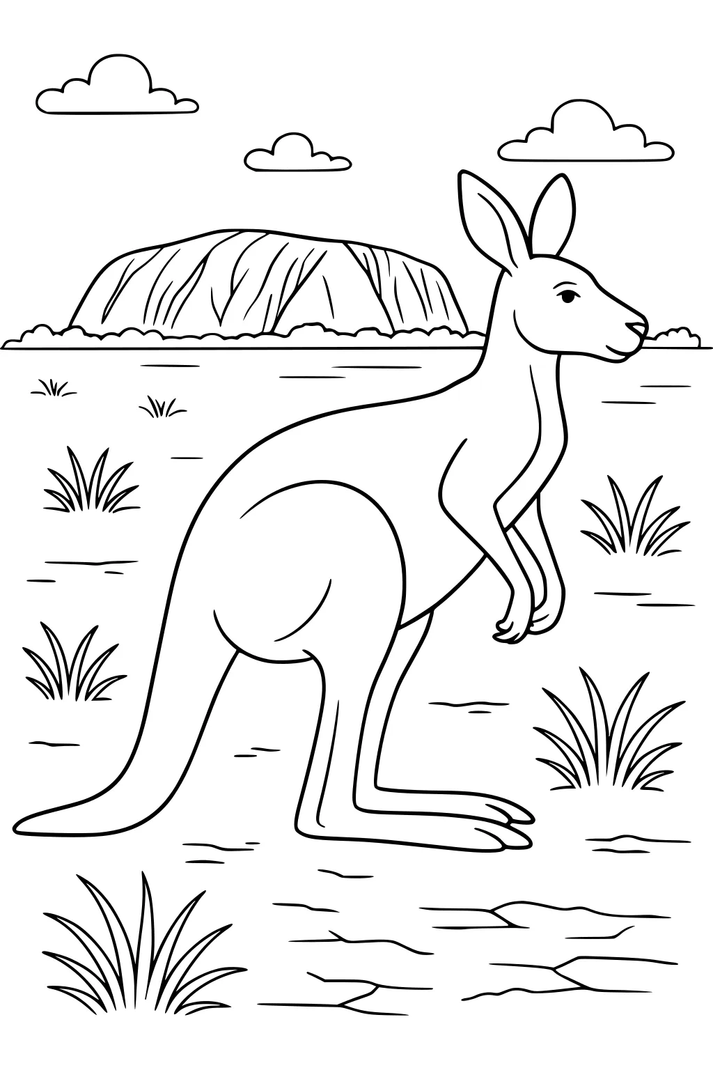 Kangaroo standing on grass with rocky hill and fluffy clouds in the background.