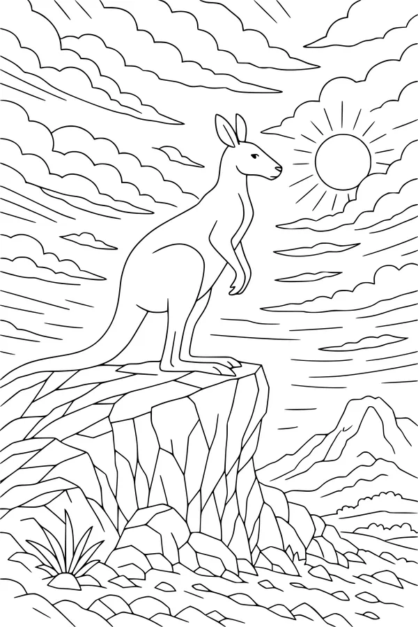 Free Kangaroo Coloring Page - Sunny Outback Rocky Hill Scene (Printable PDF)