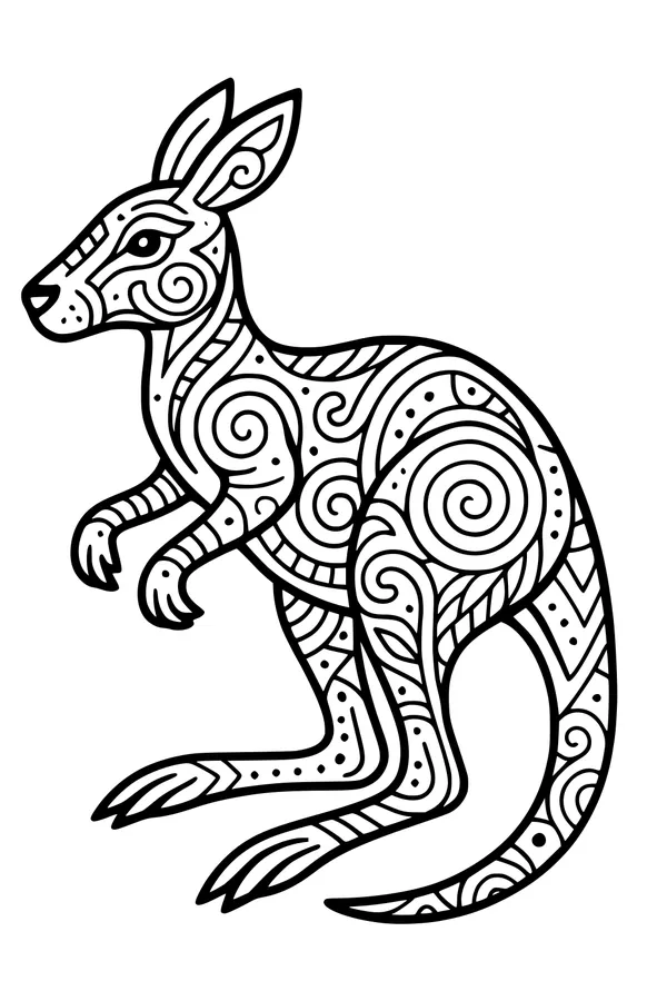 Free Kangaroo Coloring Page - Swirly Outback Patterns (Printable PDF)