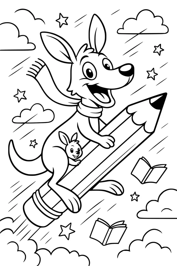 Free Kangaroo Coloring Page - Flying Pencil Ride With Joey (Printable PDF)