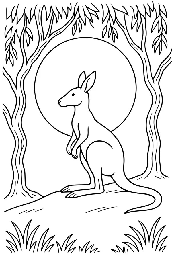 Free Kangaroo Coloring Page - Sunrise Hops on a Sunny Hill (Printable PDF)