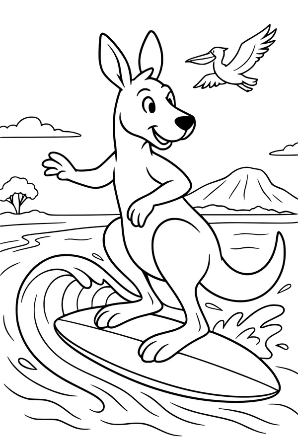 Free Kangaroo Coloring Page - Surfing Ocean Adventure With Pelican (Printable PDF)