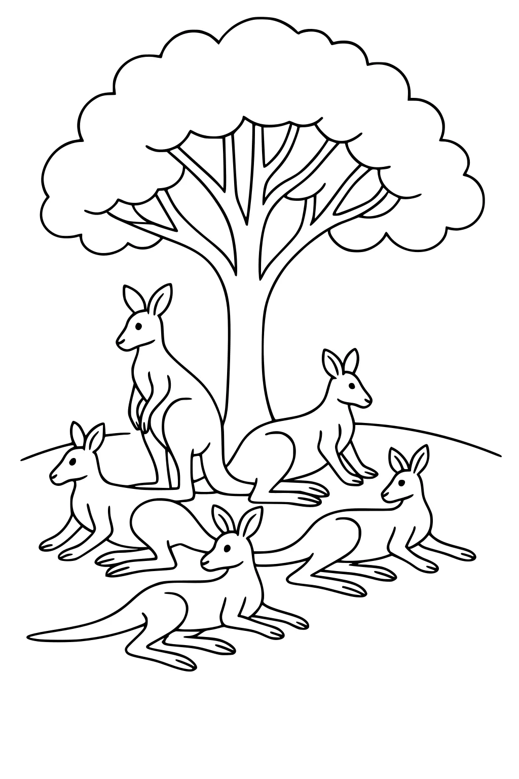 Five kangaroos resting under a large tree on grassy hills with branches and leaves above them.