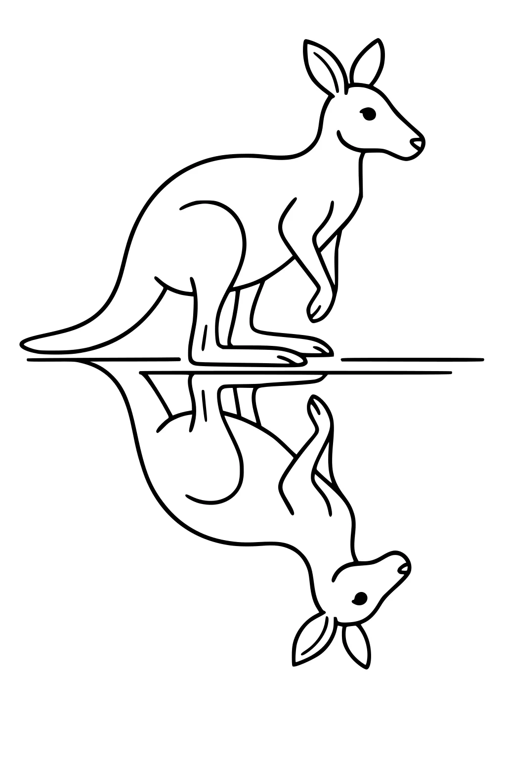 Outline of a kangaroo with its reflection below, both facing right and standing still.