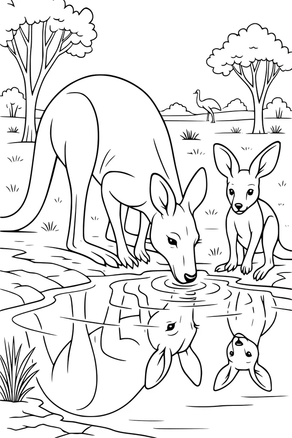 Free Kangaroo Coloring Page - Mother And Joey At Shimmering Waterhole (Printable PDF)