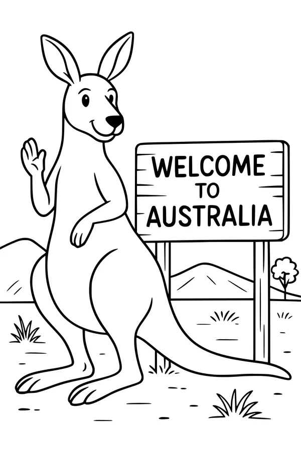 Free Kangaroo Coloring Page - Cartoon Welcome to Australia Scene (Printable PDF)