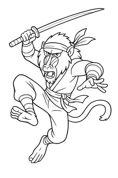 Free Baboon Coloring Page - Ninja Warrior Baboon Leaping with Sword (Printable PDF)