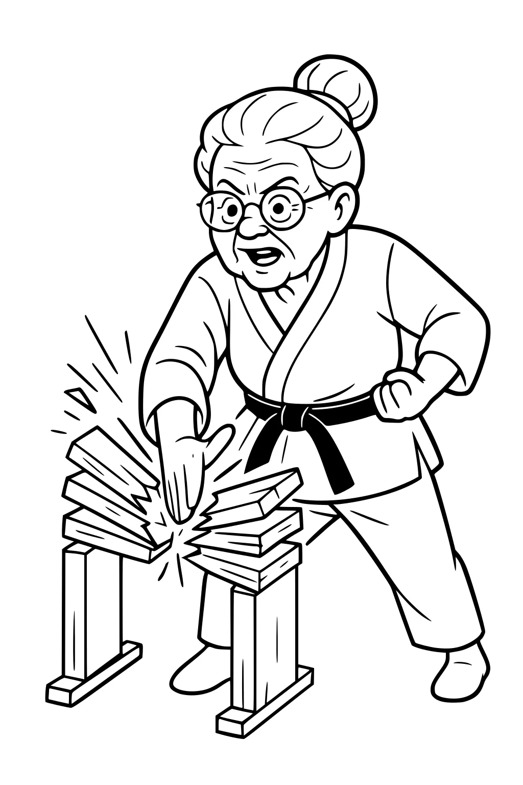 Elderly grandmother in karate gi and black belt chops wooden boards on two stands; bun, glasses, open mouth, motion lines show the break.