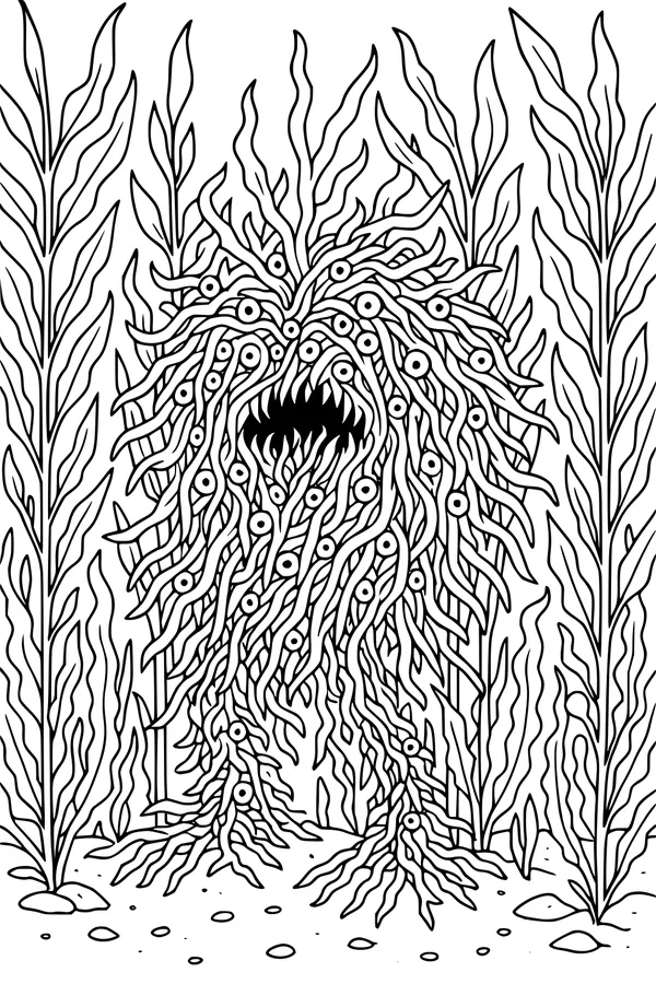 Free Kraken Coloring Page - Kelp Forest Sea Monster With Many Eyes (Printable PDF)