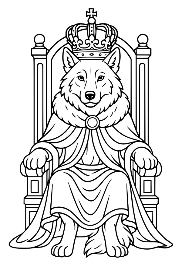 Free Wolf King Coloring Page - Royal Throne Portrait (Printable PDF)