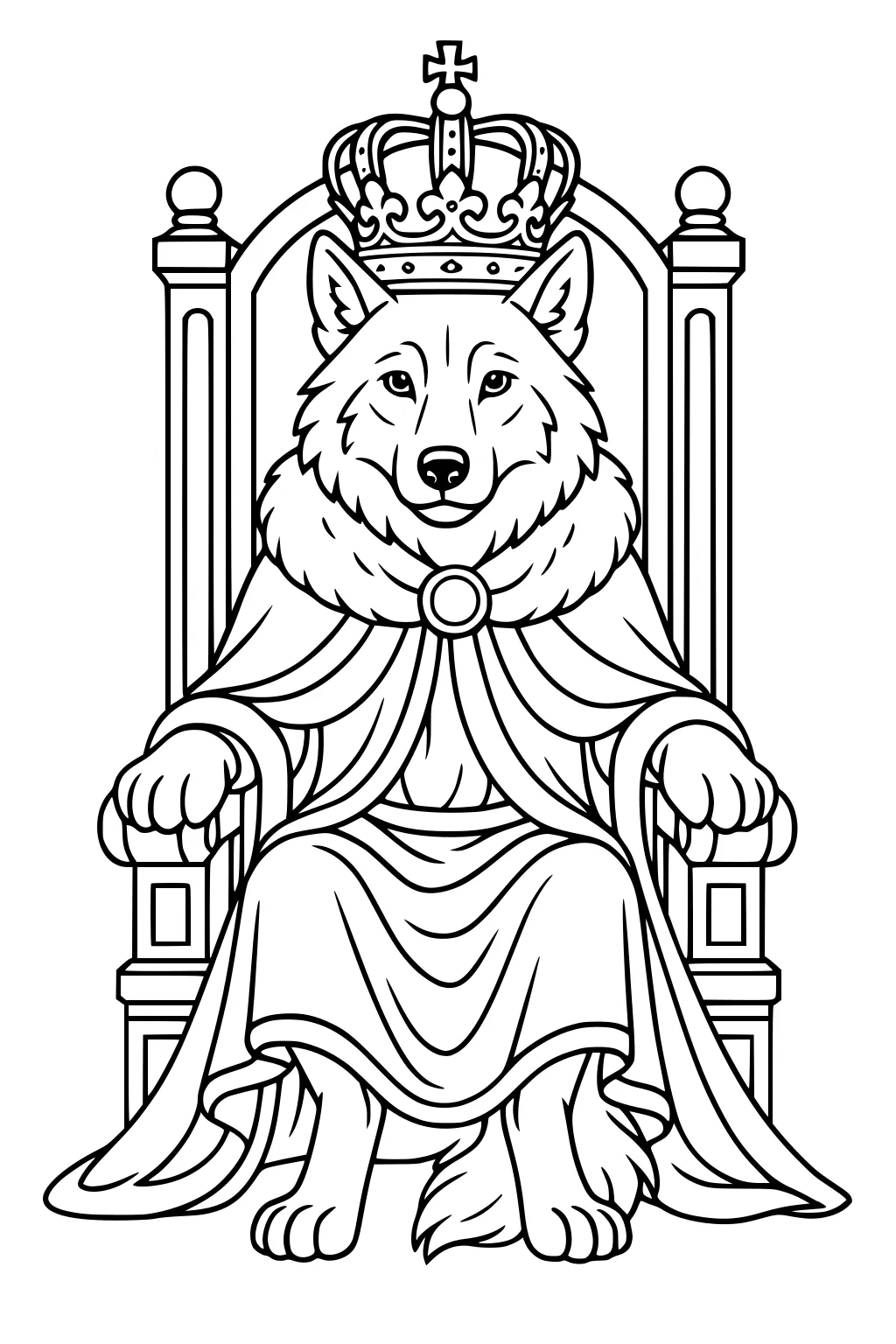 Wolf king in crown and robe sits on tall throne, facing forward, calm eyes, paws on armrests, detailed jewels and fabric folds.