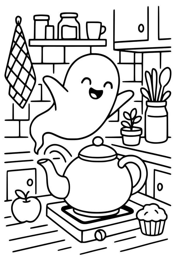 Free Ghost Coloring Page - Friendly Spirit in Cozy Kitchen (Printable PDF)